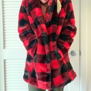Current Mood Faux Fur Red & Black Pattern Coat